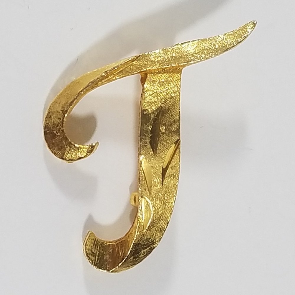 Vintage Manselle Brooch Pin Letter T Initial Goldtone